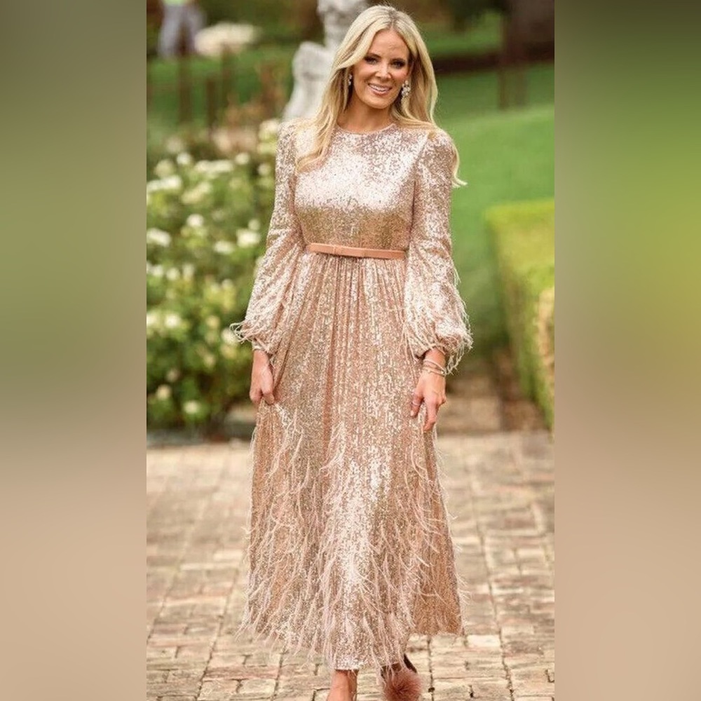 Nicola Bathe x Antonio Melani Rose Gold Feather & Sequins Dress